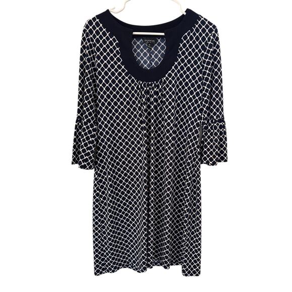 En Focus Studio Navy White Geometric Print Bell Sleeve Shift Dress Size 12 - Picture 1 of 6